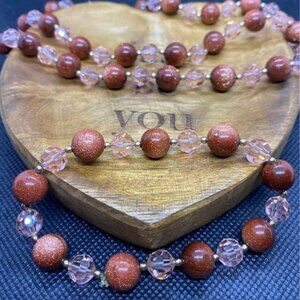 Goldstone Glass Beaded Necklace with Matching Bracelet Vintage Jewelry Set brown